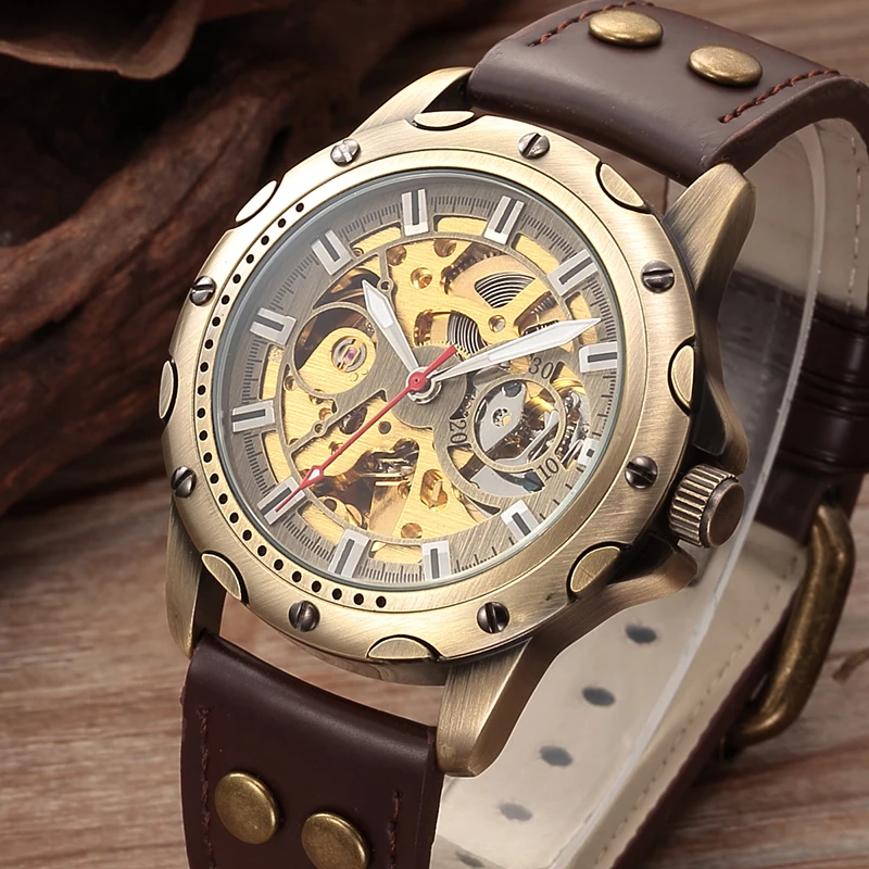 Mechanical Watch Retro Bronze Skeleton Mechanical Watch Men Automatic Watches Sport Luxury Leather Watch