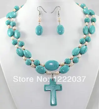 

new Beautiful turquoises pearl earrings necklace set