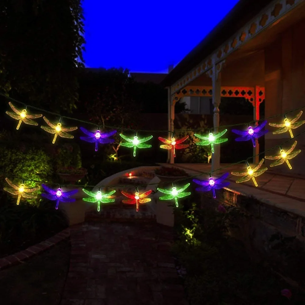 Солнечные гирлянды 20LED многоцветные волоконно оптические стрекозы декоративные