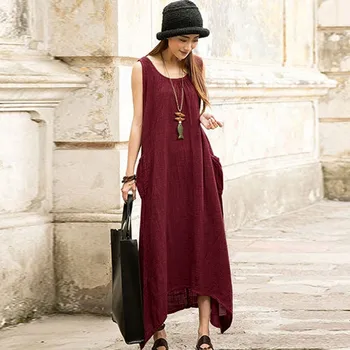 

Women Plus Size Summer Dress Vintage Boho Sleeveless Cotton Linen Irregular Lot Party Maxi Clothes Summer Dress 2019 S -5xl