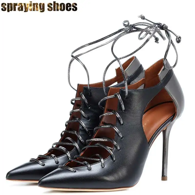 

Sexy Pointed Toe Hollow Design Women Ankle Boots Summer High Heels Shoes Cross Strappy Ladies Shoes Black Leather Short Booties
