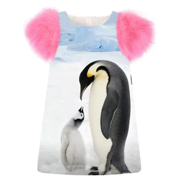 

nice Girls Dress The penguin print fashion Birthday party winter autumn faux fur sleeve Toddler Kids baby Children Clothing