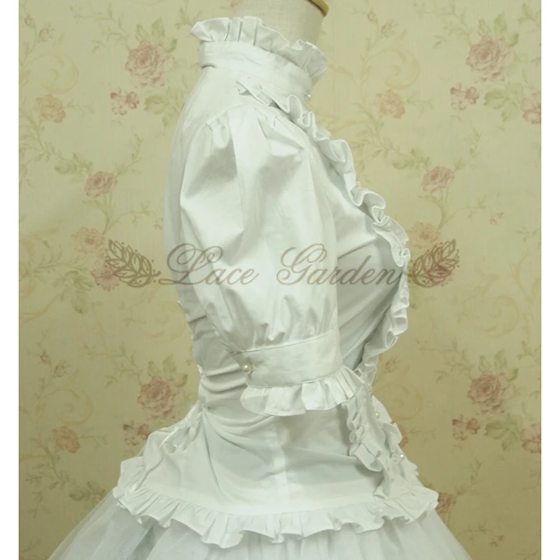 Summer women white short Tops Vintage Victorian Ruffled Bandage shirts Ladies gothic blouse lolita costume 3