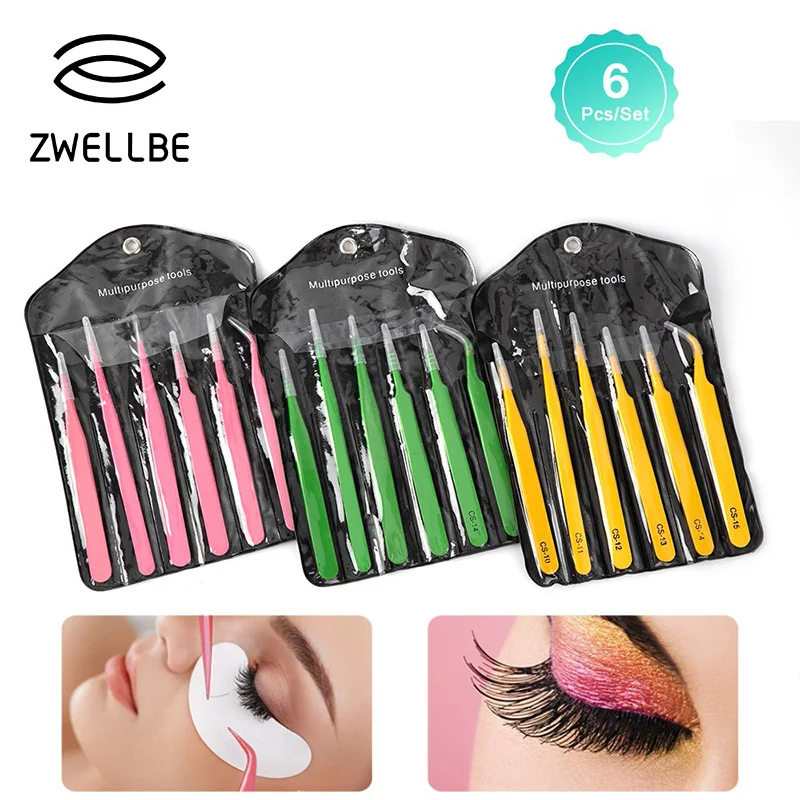 

6Pcs Colored Eyelash Extension Tweezers Set Anti-Static Stainless Steel Precision Tweezers Beauty Makeup Maintenance Repair Tool