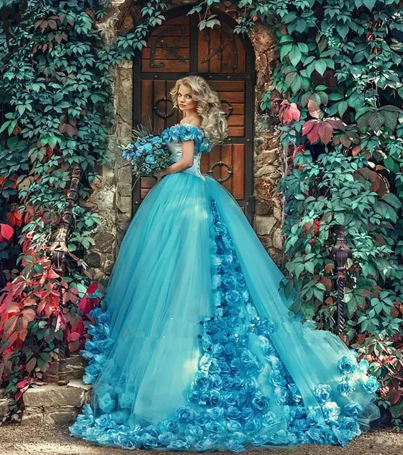 2017 Синий Бал маскарад Платье Quinceanera Платья с Цветами Ручной Работы С плеча Суд