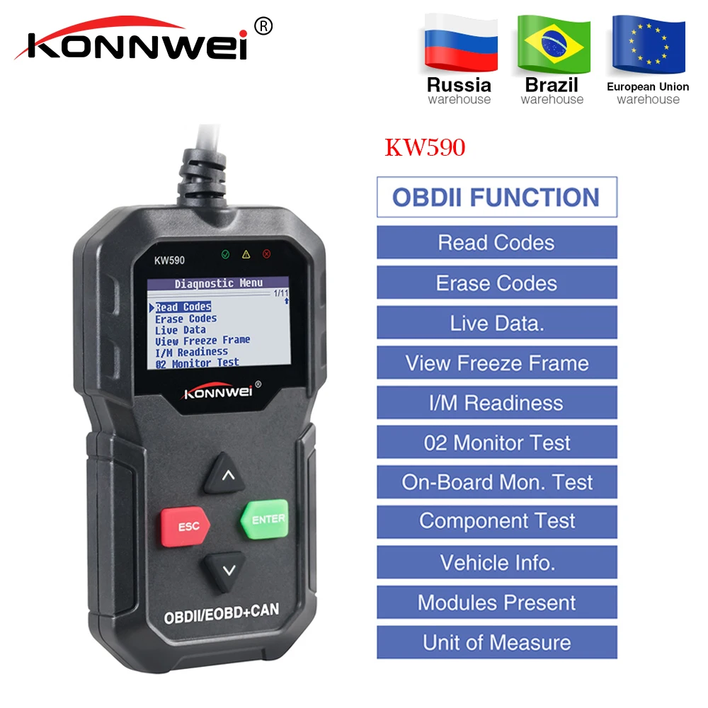 2019 KONNWEI KW590 поддерживает многоязычный полный ODB2 функциональный автоматический