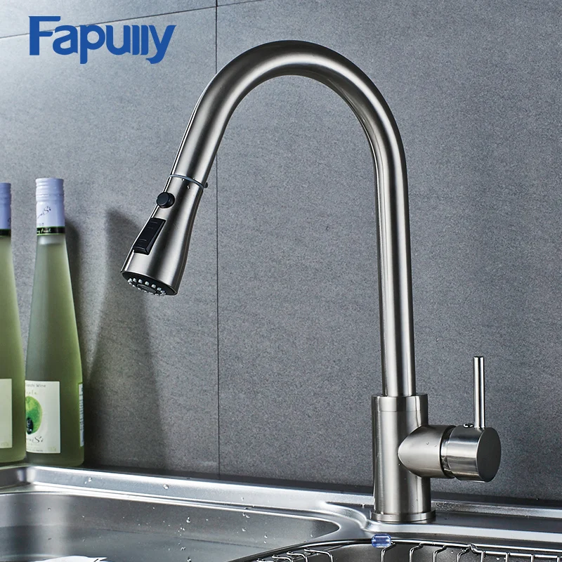 Fapully Brush Nickel Kitchen Sink Faucet Pull Out Staintell Steel Kitchen Mixer Tap