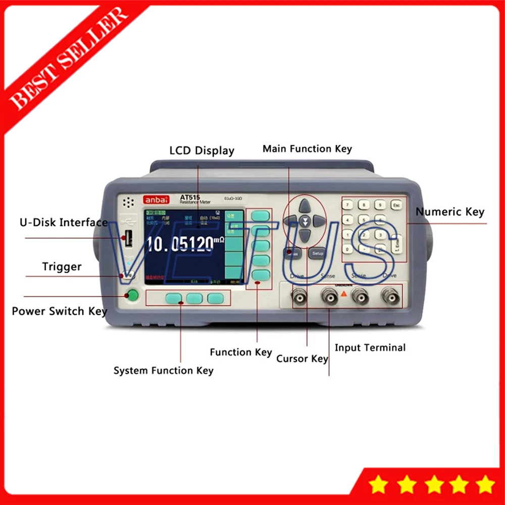 AT515 цифровой прецизионный микро ом измеритель сопротивления постоянного тока тестер 0,1 uOhm to1.2GOhm диапазон RS-232 интерфейс