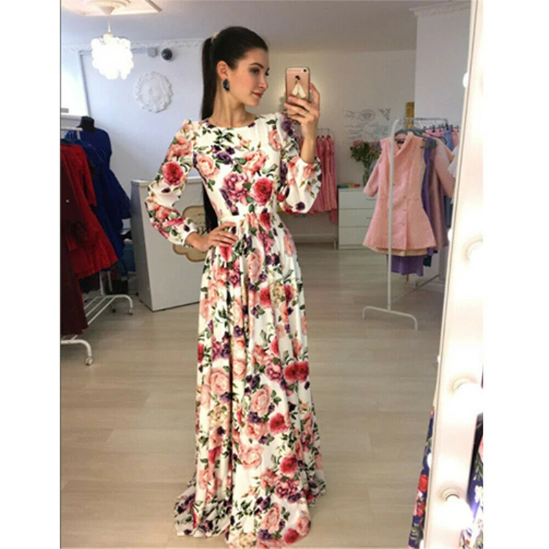 Женское платье с цветочным принтом BOHO длинное коктейльное длинным рукавом и o