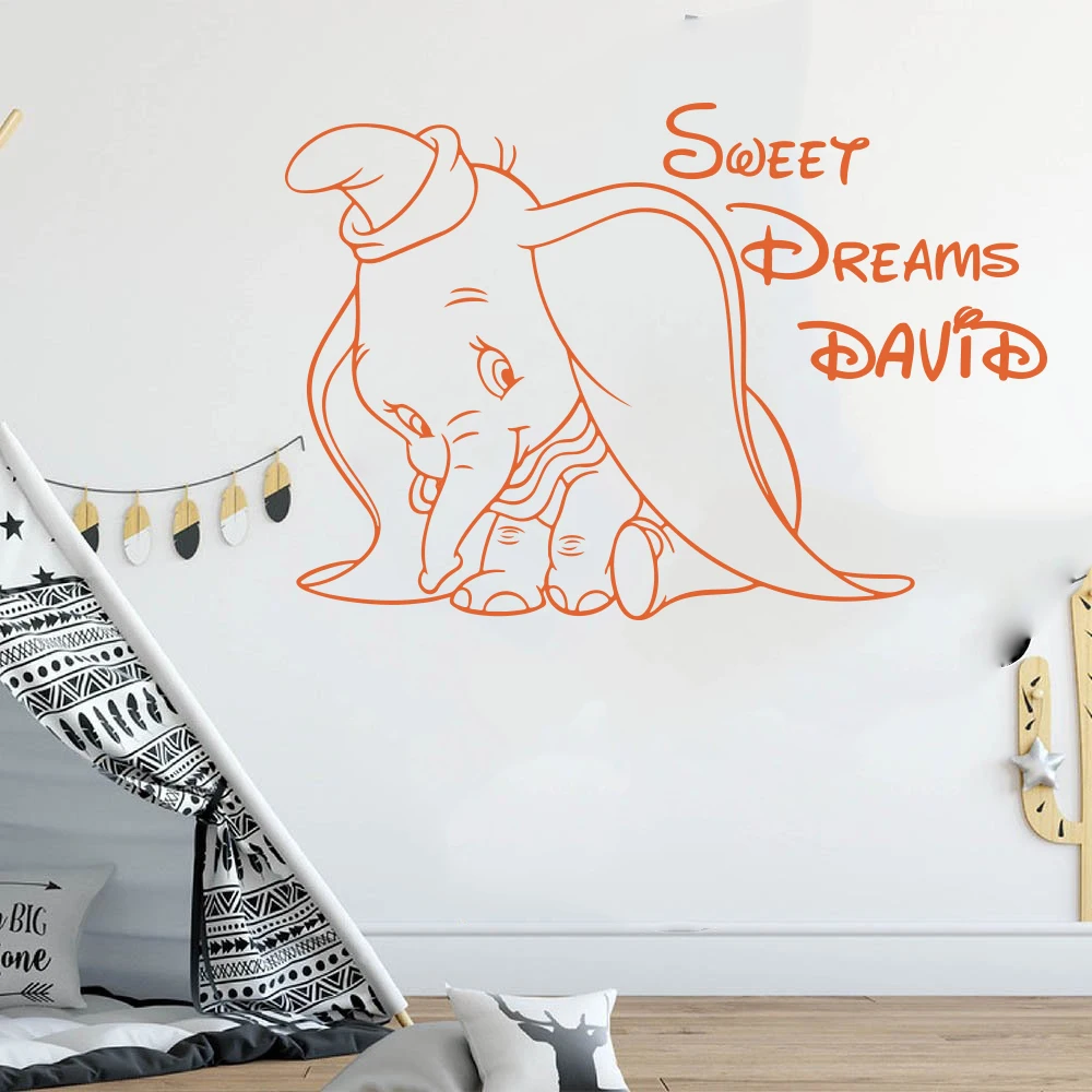 Custom Name Sweet Dream Dumbo Elephant Wall Decal Kids Room Baby Nursery Cartoon Name Dumbo Elephant Wall Sticker Bedroom Vinyl (3)