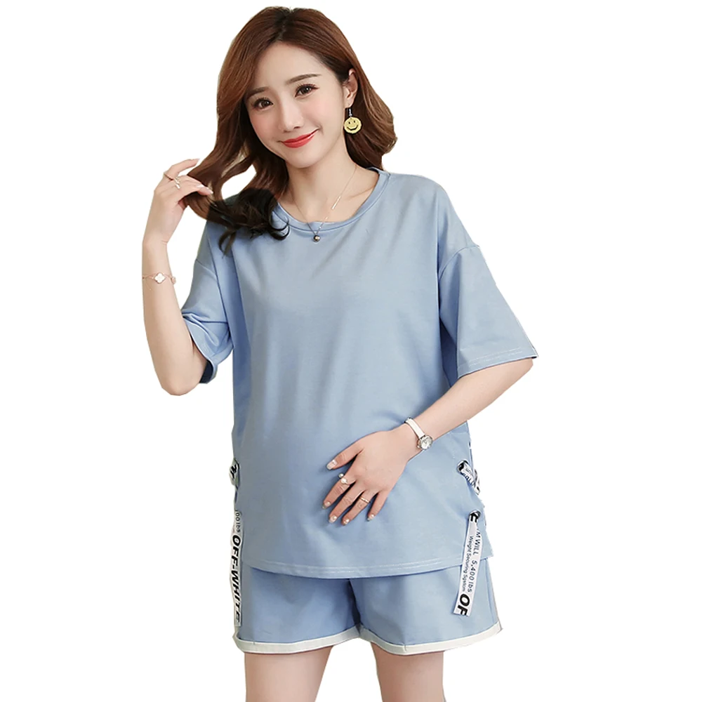 

2018 New Women Pregnant Clothing Summer Maternity Sets Sport Tops Pants 2 Pieces Tees Shorts Cotton Two-piece Set XXXXL T-shirts