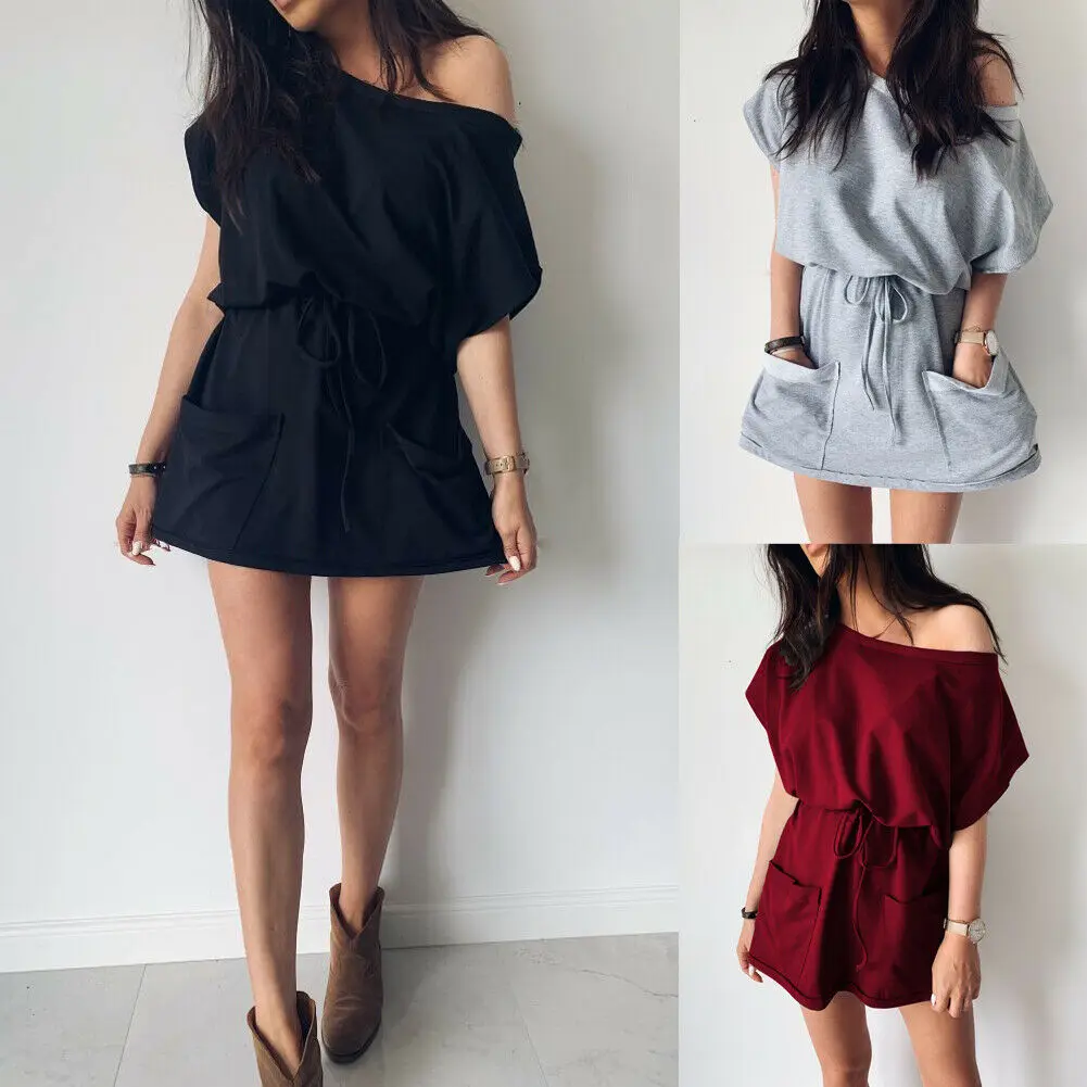 

Women Dress Summer Beach Casual Mini Dress Short Sleeve Solid High Waist Sundress Off Shoulder Pocket Vestidos