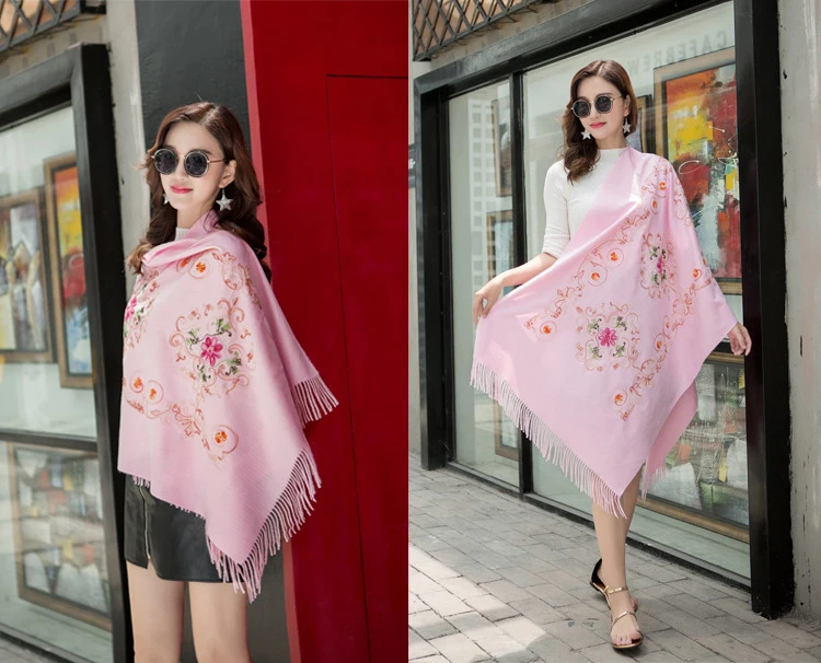 Новинка Vintga женский цветочный шарф с вышивкой обертывание китайский этический стиль 200*70 см оверсайз Ретро цветок окантовка шарф, Пляжный платок