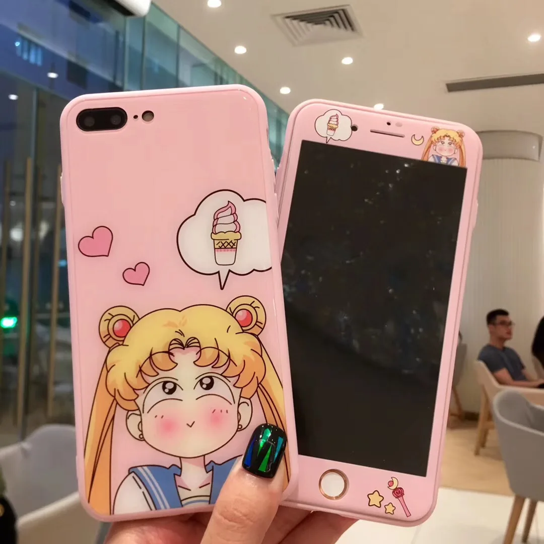 

9H 3D Tempered Glass Screen Protector For iPhone X XS Max XR 6 6S 7 8 Plus Sailor Moon Pattern Glass Phone Case Cover