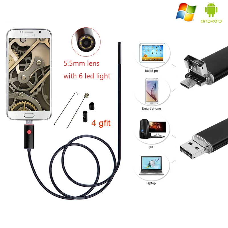 

2018 Newest USB Android Endoscope Camera Inspection 2M /5M/10M Android Borescope 5.5 MM Lens 6 Led lights PC USB Endoskop Camera