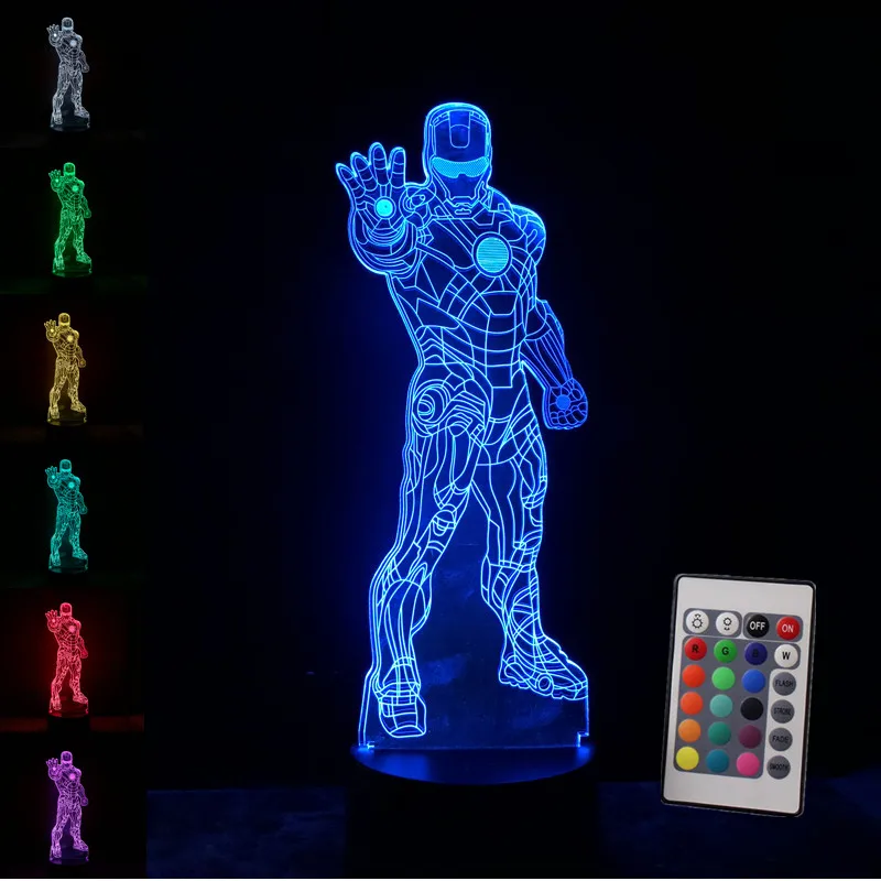 Человек-паук железная модель человека 3D иллюзия светодиодный ночник светящийся в темноте Мстители фигурка супергероя игрушки светятся 7 цветов