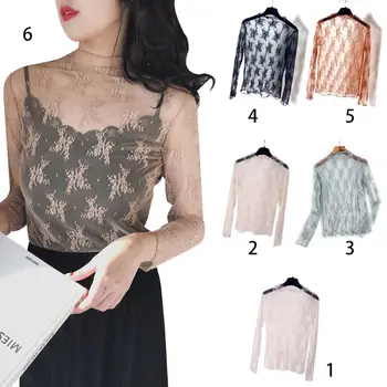 

Womens Summer Spring See Through Mesh Basic Long Sleeve Blouse Mock Neck Solid Color Embroidered Floral Lace Loose Pullover Tops