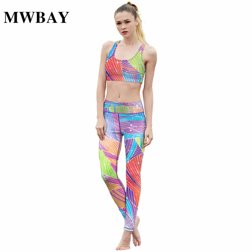 MWBAY комплект из 2 частей для женщин Цвет Геометрия шить печати укороченный топ и леггинсы для Yogawear 2018 спортивные Runwear