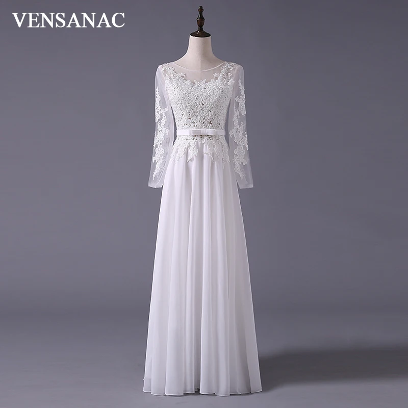 VENSANAC 2017 New A Line Embroidery Boat Neck Full Sleeve White Satin font b Bridal b