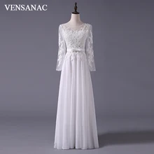 VENSANAC 2017 New A Line Embroidery Boat Neck Full Sleeve White Satin Bridal Wedding Dress Wedding Gown 30365