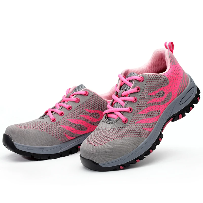 Безопасная женская обувь розового цвета со стальным носком; Повседневная модная спортивная обувь для работы на открытом воздухе; безопасная Обувь На Шнуровке; резиновая обувь; Размеры 35-40