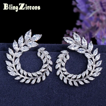 

BeaQueen Shining Big Leaf Cubic Zirconia Stud Earrings Fashion Brand Marquise Stone Olive Branch Jewelry for Women E243