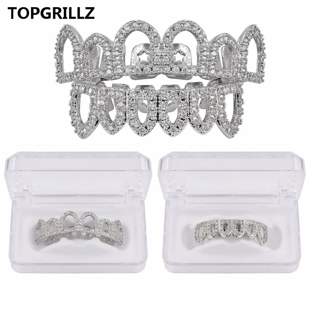  TOPGRILLZ Pure GOLD Color Plated Hip Hop Micro Pave CZ Fang Hollow Top & Bottom GRILLZ Vampire Teet