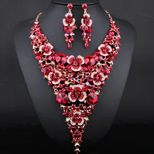 Wedding Jewelry Full Rhinestones long flowers Necklace Earrings for Women African Bridal Jewelry sets