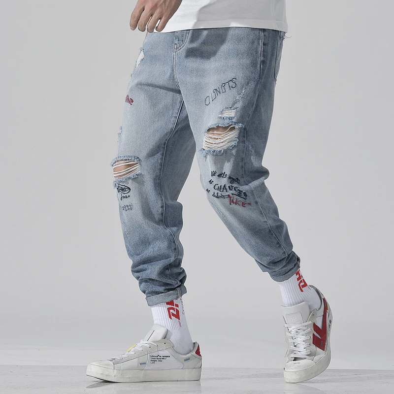 New Summer Jeans Embroidery Pants Jeans Fashion Casual Washed Ripped Distressed Holes Jeans Denim Trousers Ninth Pants