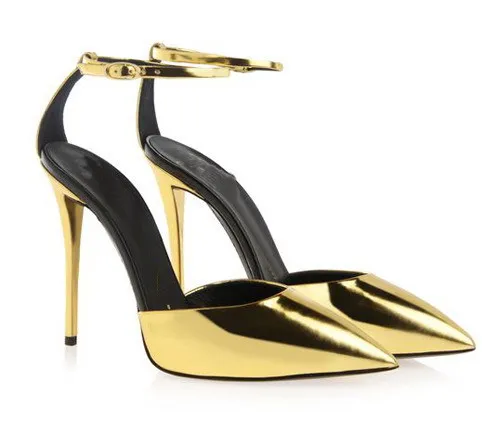 gold pointed heels with ankle strap