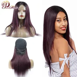 Pinshair Ombre Фиолетовый Синтетические волосы на кружеве человеческих волос парики для черный Для женщин перуанский прямо закрытие парик 32