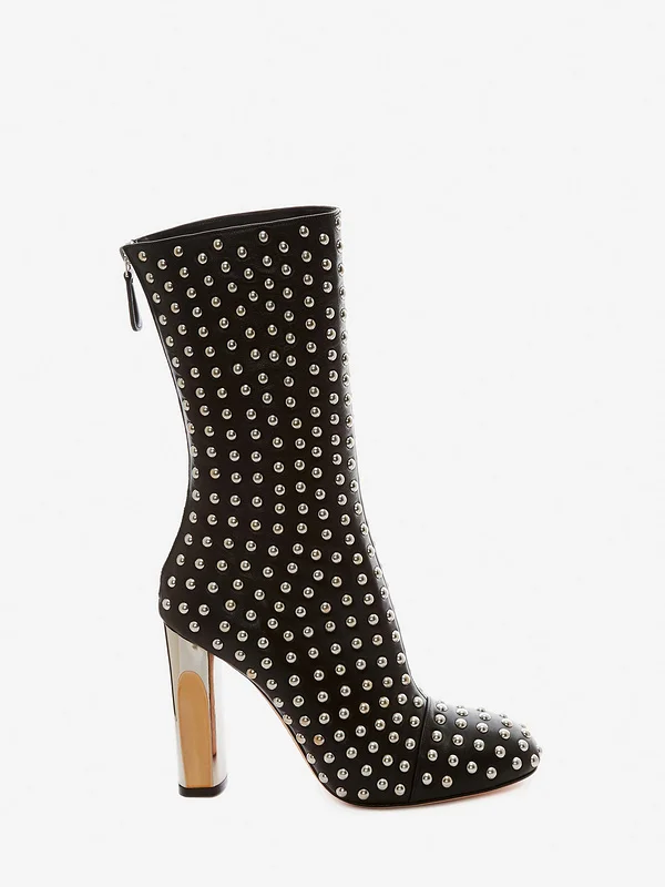 

Hot Sale Women Black Round Toe Mid-Calf Boots Silver Metal Rivets Embellished Back Zipper High Square Heel Winter Booties