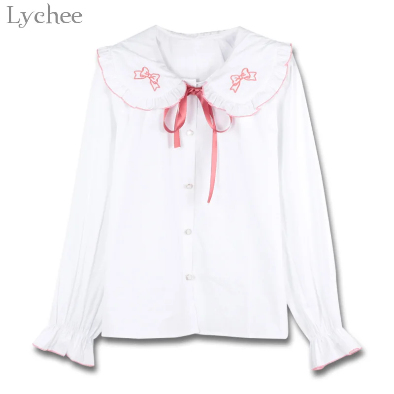 Lychee в стиле Лолиты Стиль женская блузка с галстуком-бабочкой вышивкой оборками