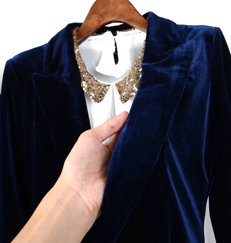 Женский синий бархатный костюм тонкий женский бархатный блейзер Новая мода женский повседневный костюм пальто куртка на одной пуговице