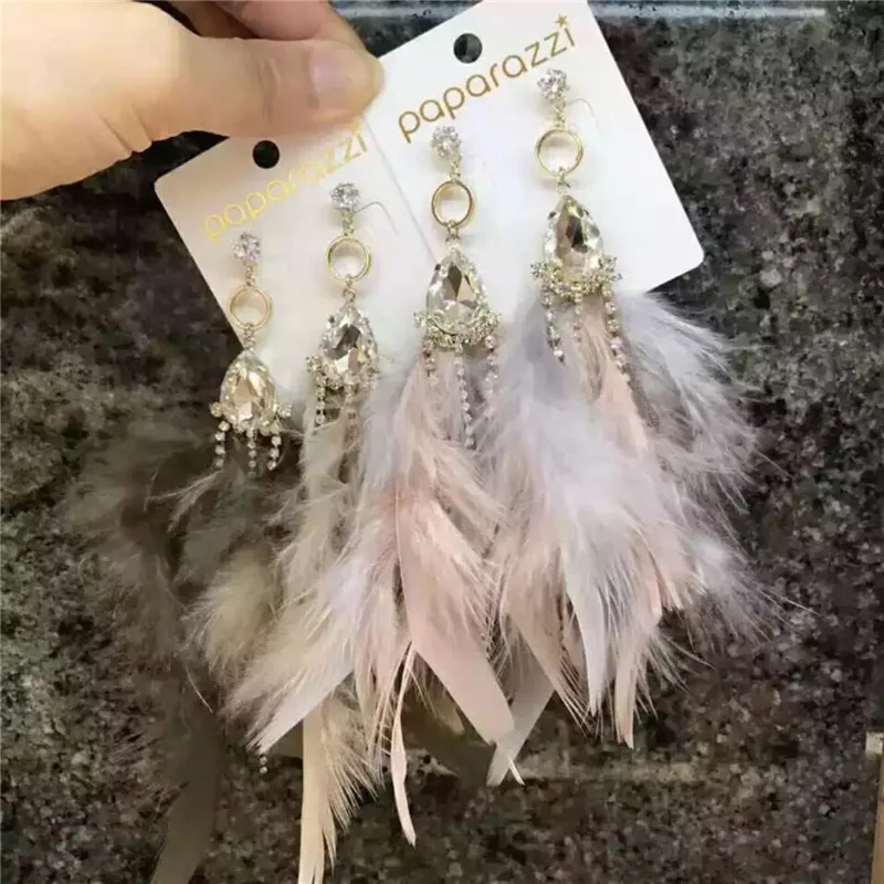 

Fashion Boho Earrings For Women tassel Fluffy Feather Dangle Pendant Statement Jewelry Ear Ostrich hair long crystal earrings