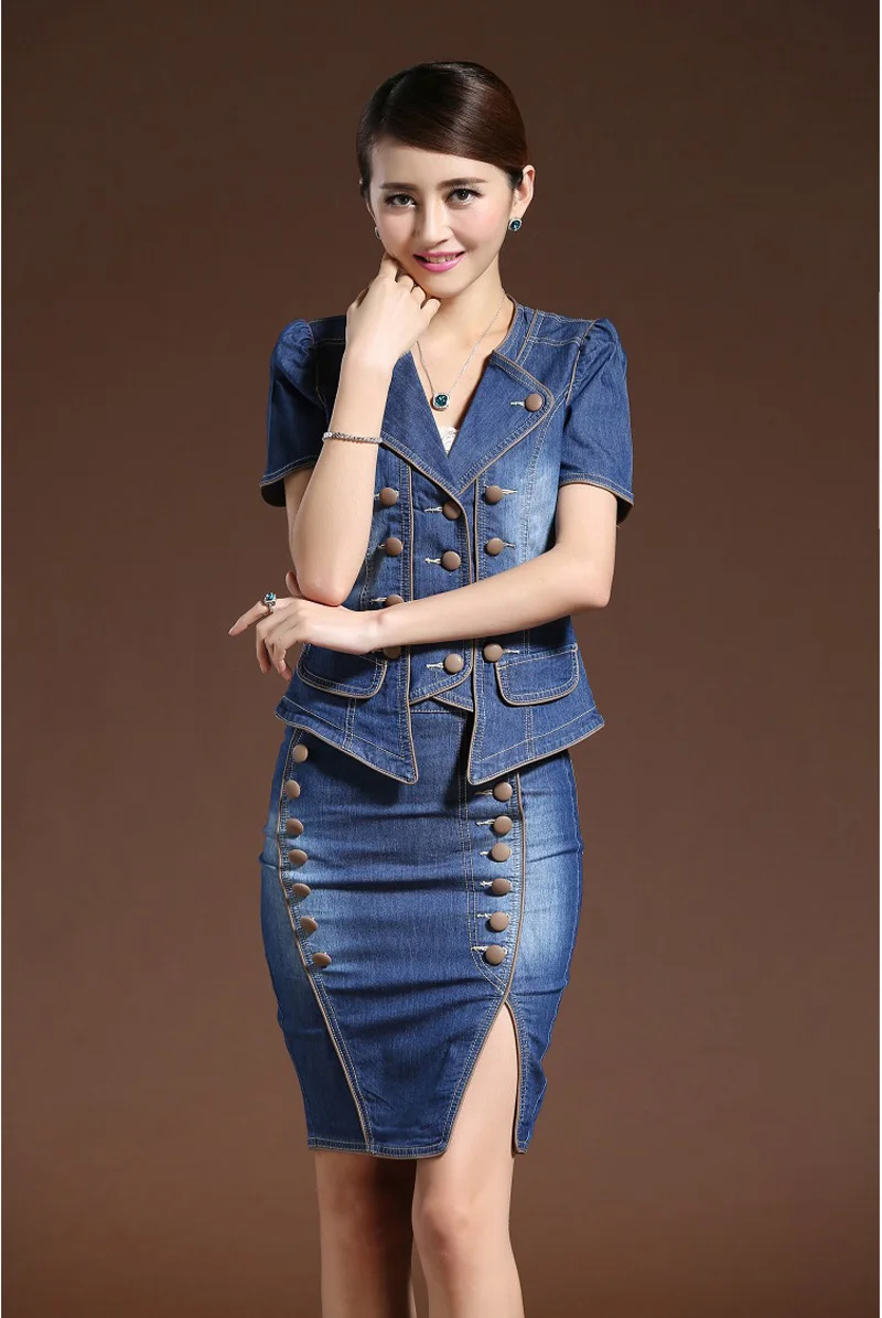 Весенне-летний женский комплект из 2 предметов, костюм, платье, джинсовая куртка+ юбка, костюмы, тонкие джинсовые рубашки, пуговица, сексуальное платье синего цвета