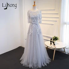 Elegante Gris Apliques Vestidos de Noche Largo Una Línea de Medias Mangas Personalizada Mujeres de Noche Formal vestidos Vestido de festa Longo