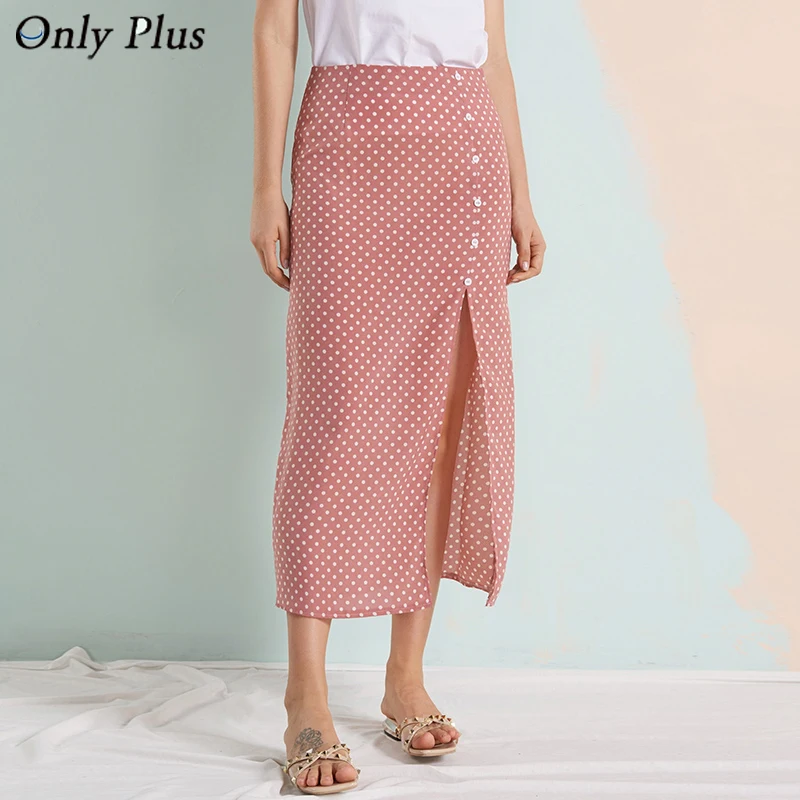 

Only Plus Women Skirt Straight Summer Button Polka Dot Printed Split Skirts Elegant Party Lady Female Casual Skirt