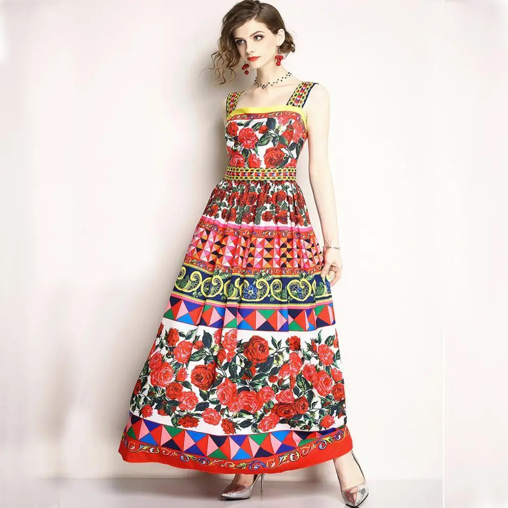 

2018 Bohemian Boho Long Beach Dress Rose Floral Print Summer Dresses Casual Sundresses Women Maxi Dress Runway Robe Ete Femme