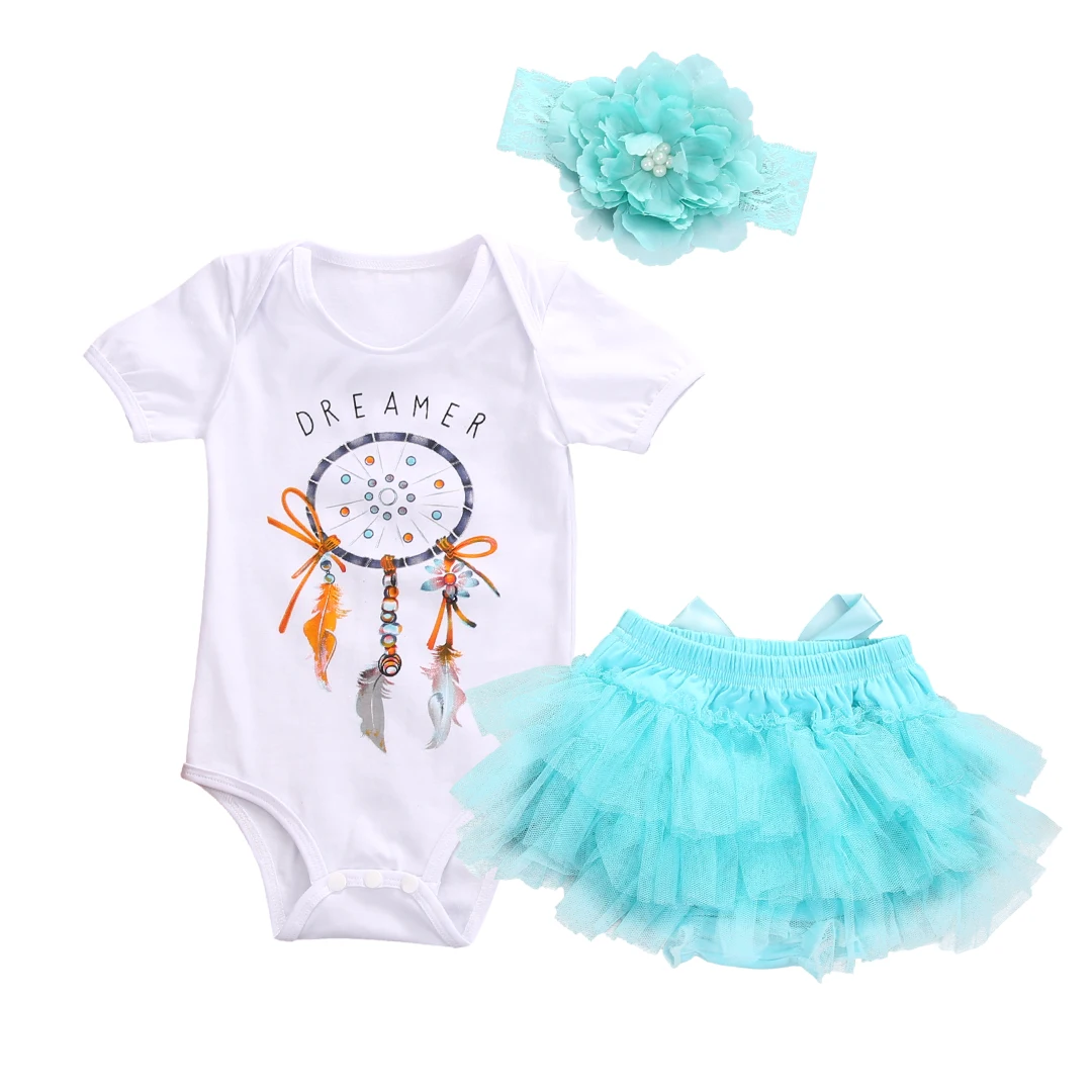 3PCS Cute Baby Infant Girls Clothes Short Sleeve Romper Top+Tutu Dress+Headband Suits Toddler