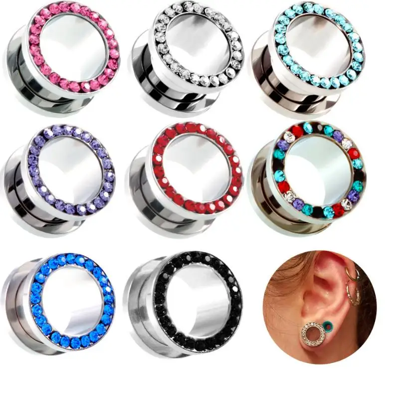 

1 Pair Crystal Zircon Steel Screw Fit Flesh Ear Plugs and Tunnels Ear Gauges Stretchers Body Jewelry Piercing Ear Expander