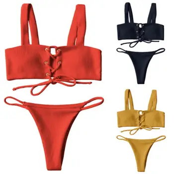 

Black Friday Deals New 2018 Summer Ladies Bandage Cross Push-up Padded Bra Solid Bikini Set e Swimsuit Swimwear Bathing