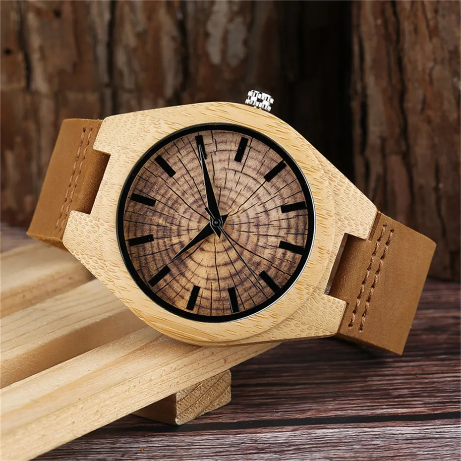 Casual Minimalist Growth Ring Pattern Bamboo Men Quartz Wrist Watch Nature Wood Genuine Leather Band Strap Sport Gifts (4)
