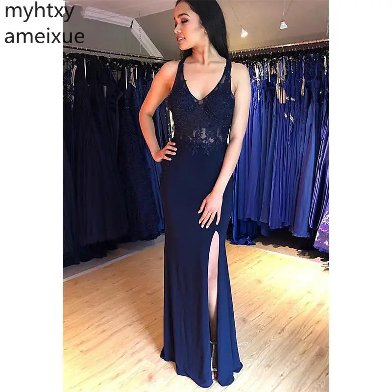 

Simple Sexy Blue Plus Size Evening Dresse 2020 Mermaid Prom Dresss Floor Length Backless Side Split Evening Gowns Custom Made