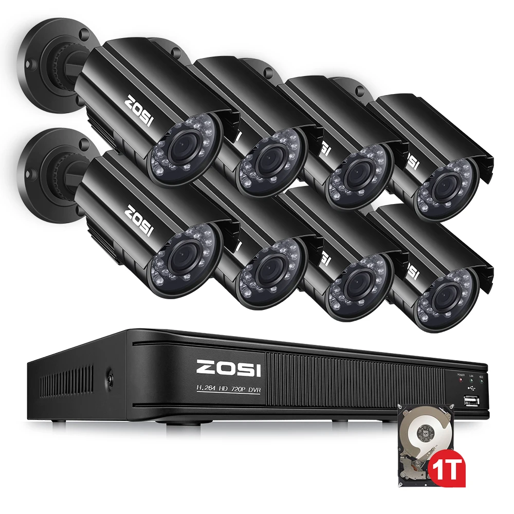 ZOSI HD 8CH CCTV Системы 8-канальный 1080N DVR 8 шт. 1.0MP Пуля Открытый дом видео Камера Системы наблюдения Наборы 1 ТБ жесткий диск