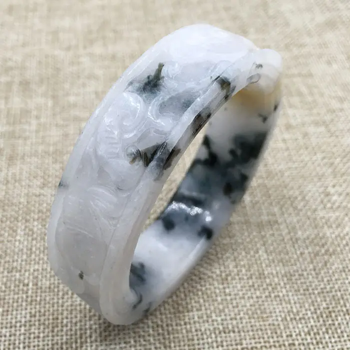 

59mm Vintage Chinese Hand-carved White Black Jadeite Jade Bracelet Bangle 788