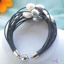 Режим и режим 15row " 13 мм perle blanche de riz noir браслет кожаный