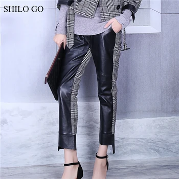 

SHILO GO Leather Pants Womens Spring fashion sheepskin genuine leather Pants high waist lady office Houndstooth patchwork pants