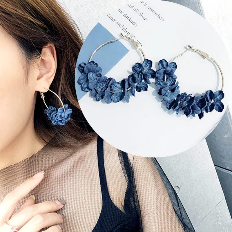 

2018 New Elegant Fabric Flower Hoop Earrings Sweety Colourful Petal Bohemian Round Big Earrings Charm Brinco Drop Ship