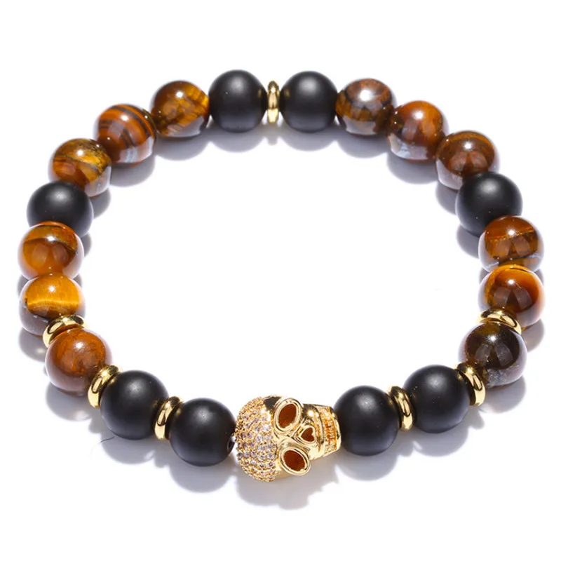 

Top Quality Natural Tiger Eye Stone Black Obsidian Skull Bracelet Men Jewelry CZ Skeleton Bracelets For Women Gift dropshipping